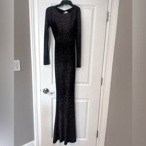 Elegant Black Glitter Long Sleeve Open Back Maxi Dress Windsor Small